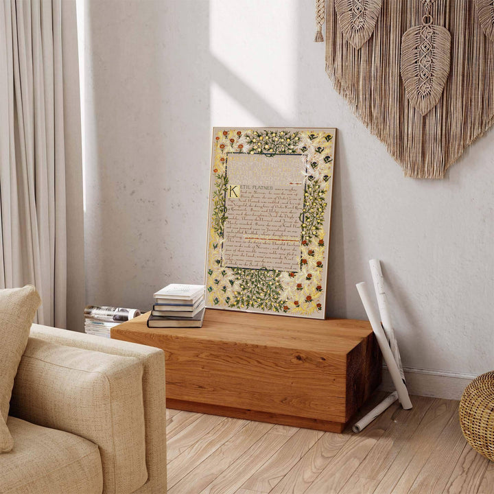 Detailed calligraphy illustration print displaying the swirling gilded foliage movement and handwritten lines of William Morris Dwellers at Eyr, perfect for scholarly wall arrangements.