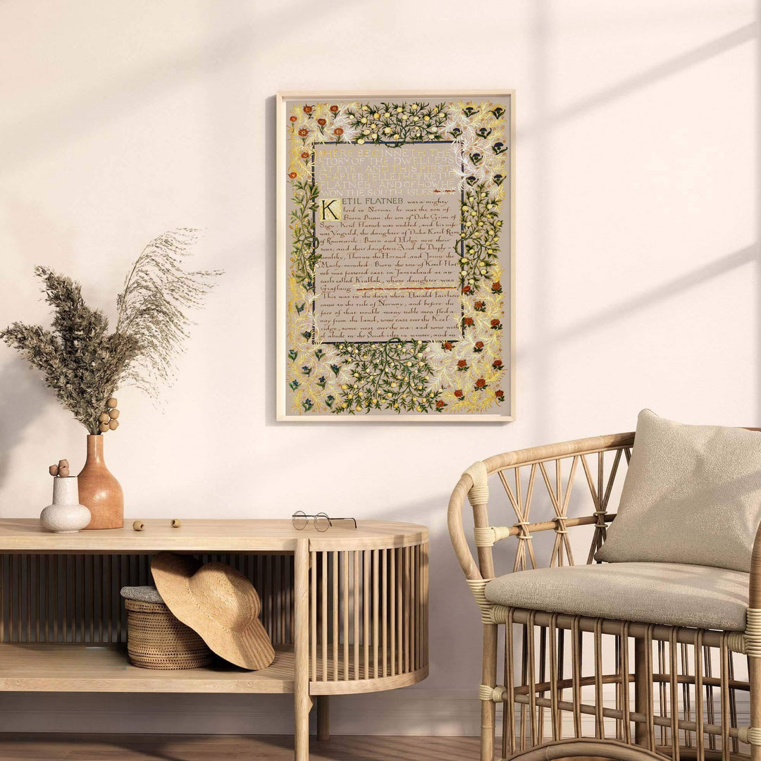 Vintage illuminated print of William Morris Dwellers at Eyr, providing a rich, intellectual touch to classic European, Victorian, and dark academia home interior themes with manuscript graphics.