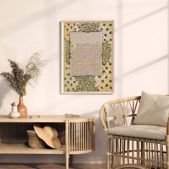 Vintage illuminated print of William Morris Dwellers at Eyr, providing a rich, intellectual touch to classic European, Victorian, and dark academia home interior themes with manuscript graphics.