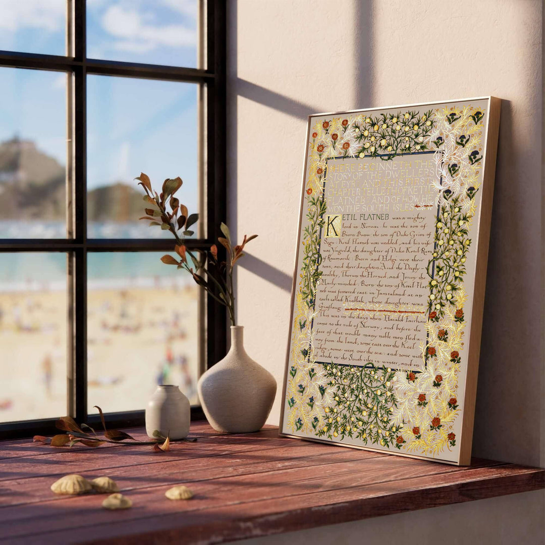 Archival William Morris Dwellers at Eyr print featuring classic Arts and Crafts Movement book arts graphics, printed with vivid archival inks on premium paper for museum quality gallery displays.