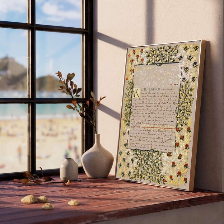 Archival William Morris Dwellers at Eyr print featuring classic Arts and Crafts Movement book arts graphics, printed with vivid archival inks on premium paper for museum quality gallery displays.
