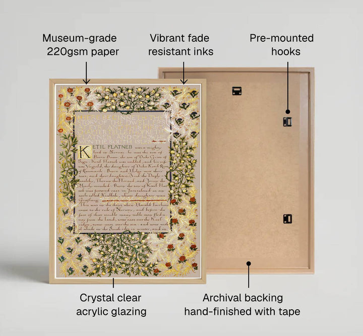 High definition graphic print of the renowned Dwellers at Eyr page by William Morris, showcasing lush golden leaf details and warm parchment tones for lasting aesthetic appeal in residential spaces.