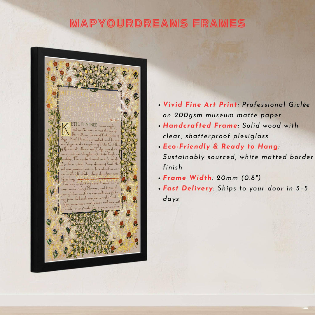 Historic poster print of the famous William Morris Dwellers at Eyr manuscript design, showing fine hand-lettered text and full illuminated border artistry across the main sheet for decorative wall display.