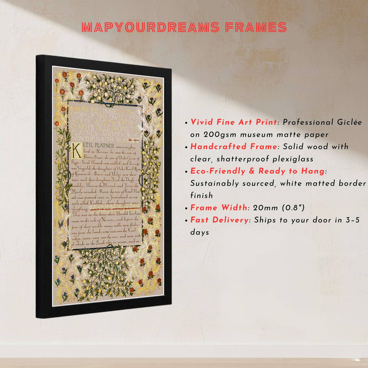 Historic poster print of the famous William Morris Dwellers at Eyr manuscript design, showing fine hand-lettered text and full illuminated border artistry across the main sheet for decorative wall display.