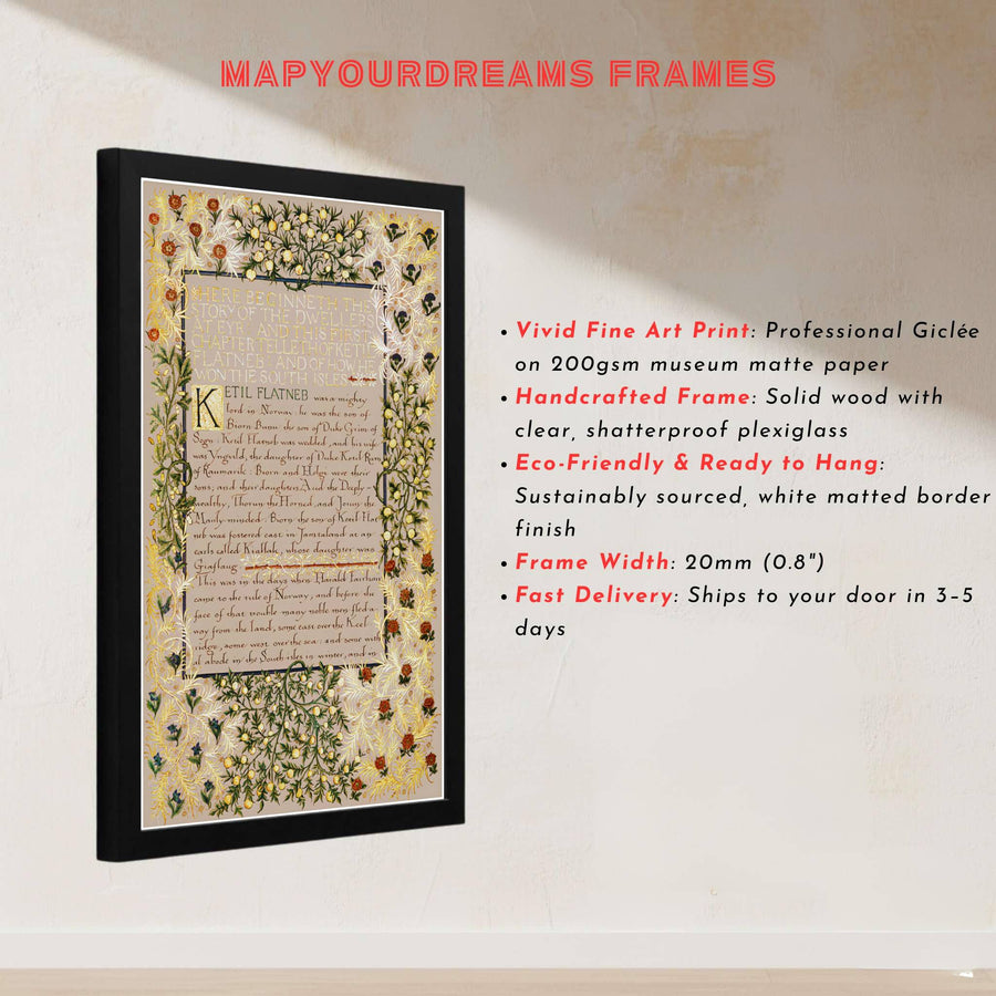 Historic poster print of the famous William Morris Dwellers at Eyr manuscript design, showing fine hand-lettered text and full illuminated border artistry across the main sheet for decorative wall display.