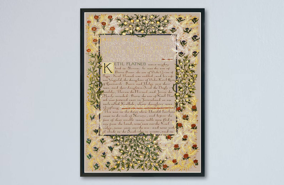 High quality art print showing William Morris Dwellers at Eyr vintage calligraphy artwork, meticulously produced to ensure long lasting color stability and stunning visual appeal in modern home interiors.