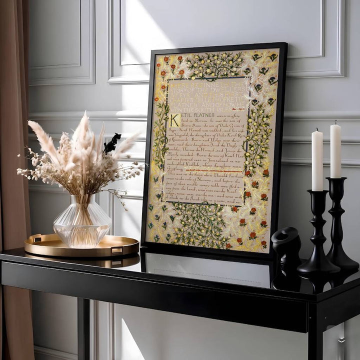 Elegant William Morris illuminated manuscript print capturing vintage calligraphy, gilded gold foliage, and red floral details to enhance traditional or dark academia interior design.