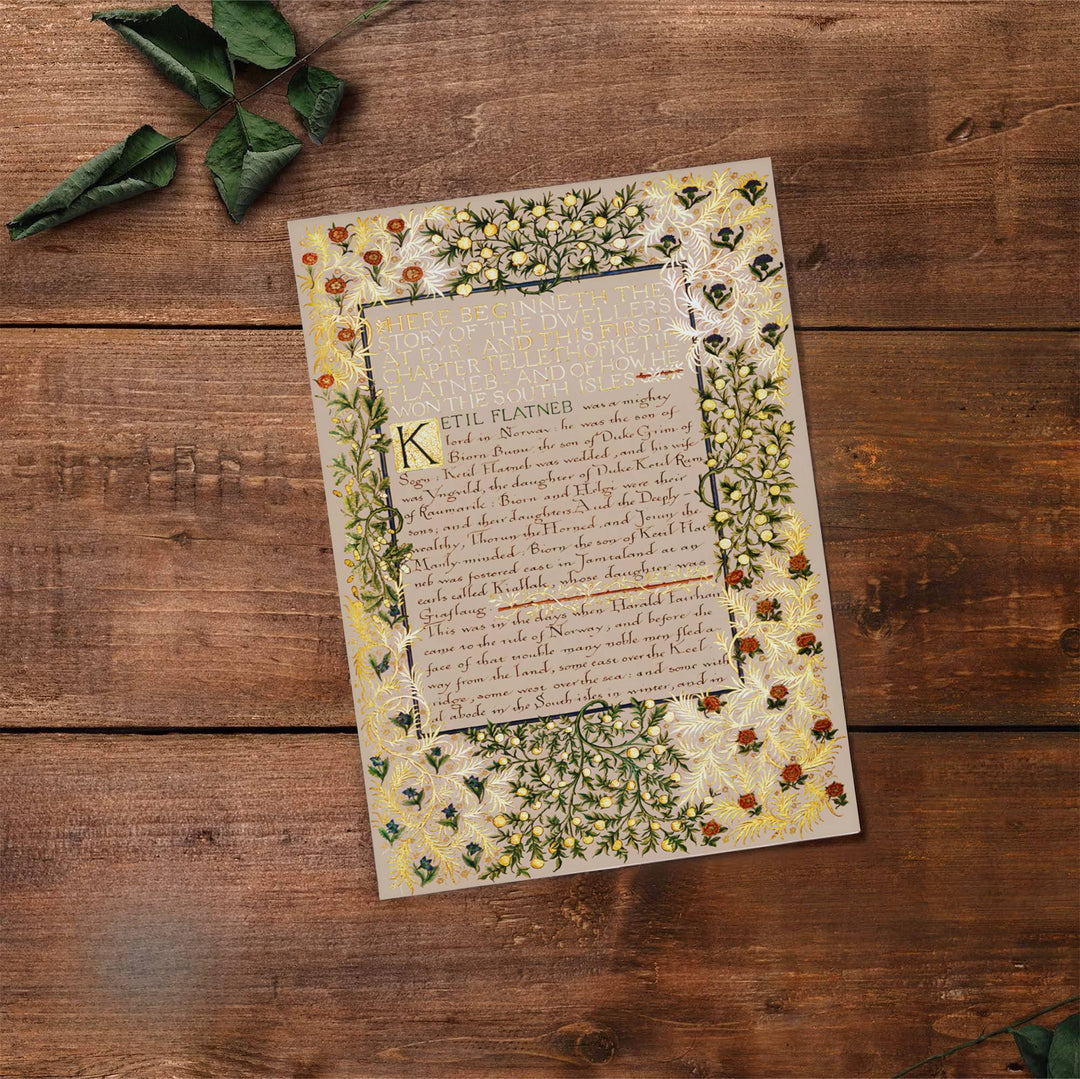 Modern decorative calligraphy print of William Morris Dwellers at Eyr featuring detailed golden leaf tendrils and handwritten text columns, ideal for contemporary study decoration and library walls.