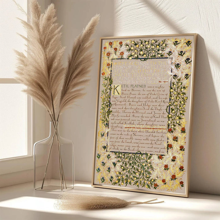 Decorative artwork print of William Morris Dwellers at Eyr featuring dense golden foliage background fills, vermilion red highlights, and a clean layout suitable for luxury interior styling and wall displays.