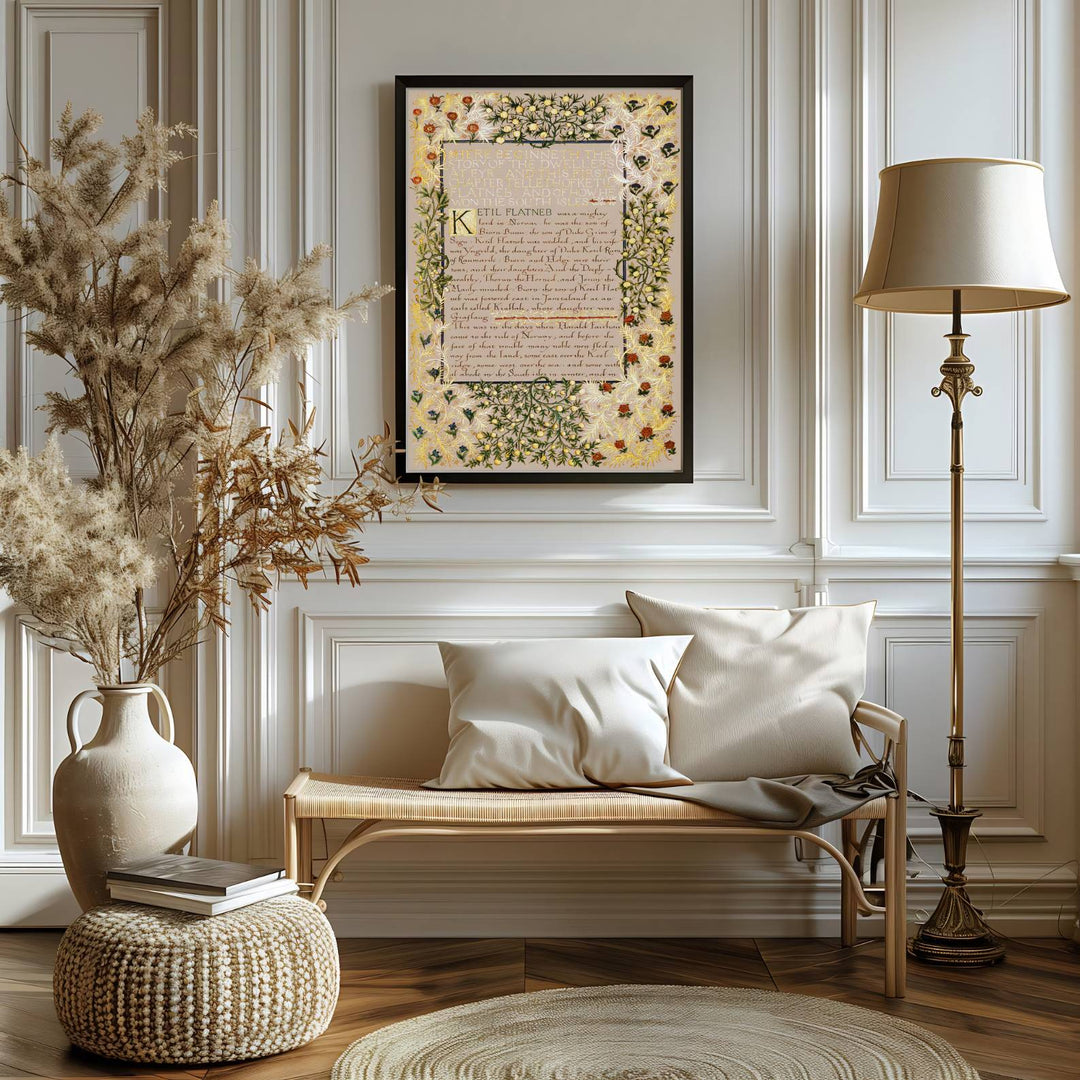 Authentic Arts and Crafts manuscript design print by William Morris, bringing literary energy, refined English heritage art, and rich golden contrast into cozy home living spaces.