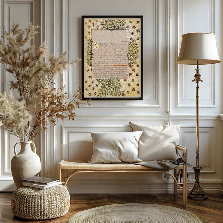 Authentic Arts and Crafts manuscript design print by William Morris, bringing literary energy, refined English heritage art, and rich golden contrast into cozy home living spaces.