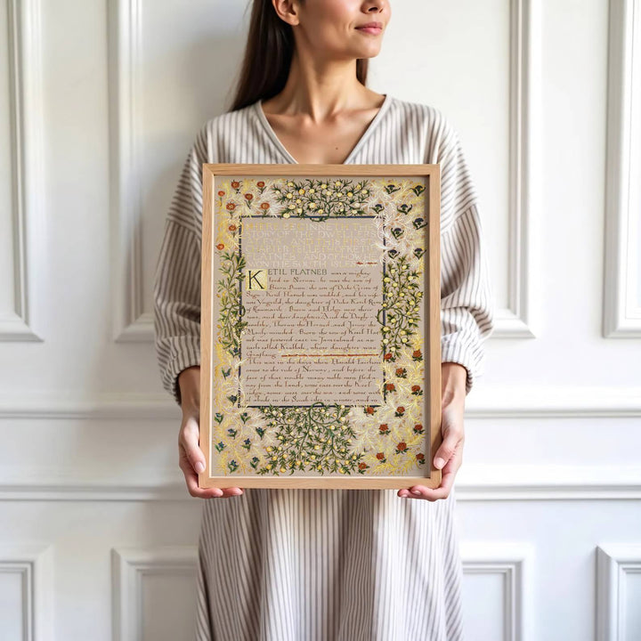 Fine graphic print featuring the detailed book art of William Morris titled Dwellers at Eyr, serving as a sophisticated centerpiece for Victorian, dark academia, or library room decor themes.