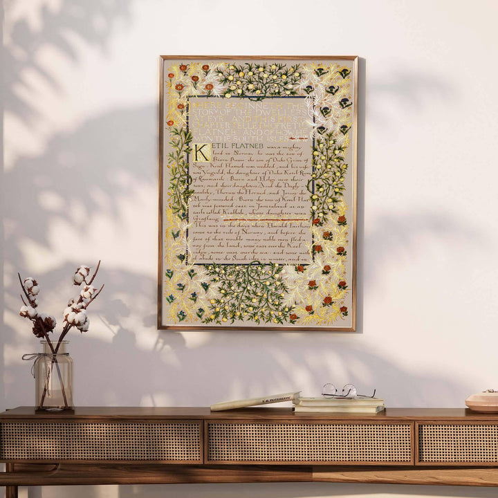 Timeless William Morris Dwellers at Eyr manuscript artwork print, blending vintage English book design with high definition detailing for striking wall decoration across modern residential spaces.