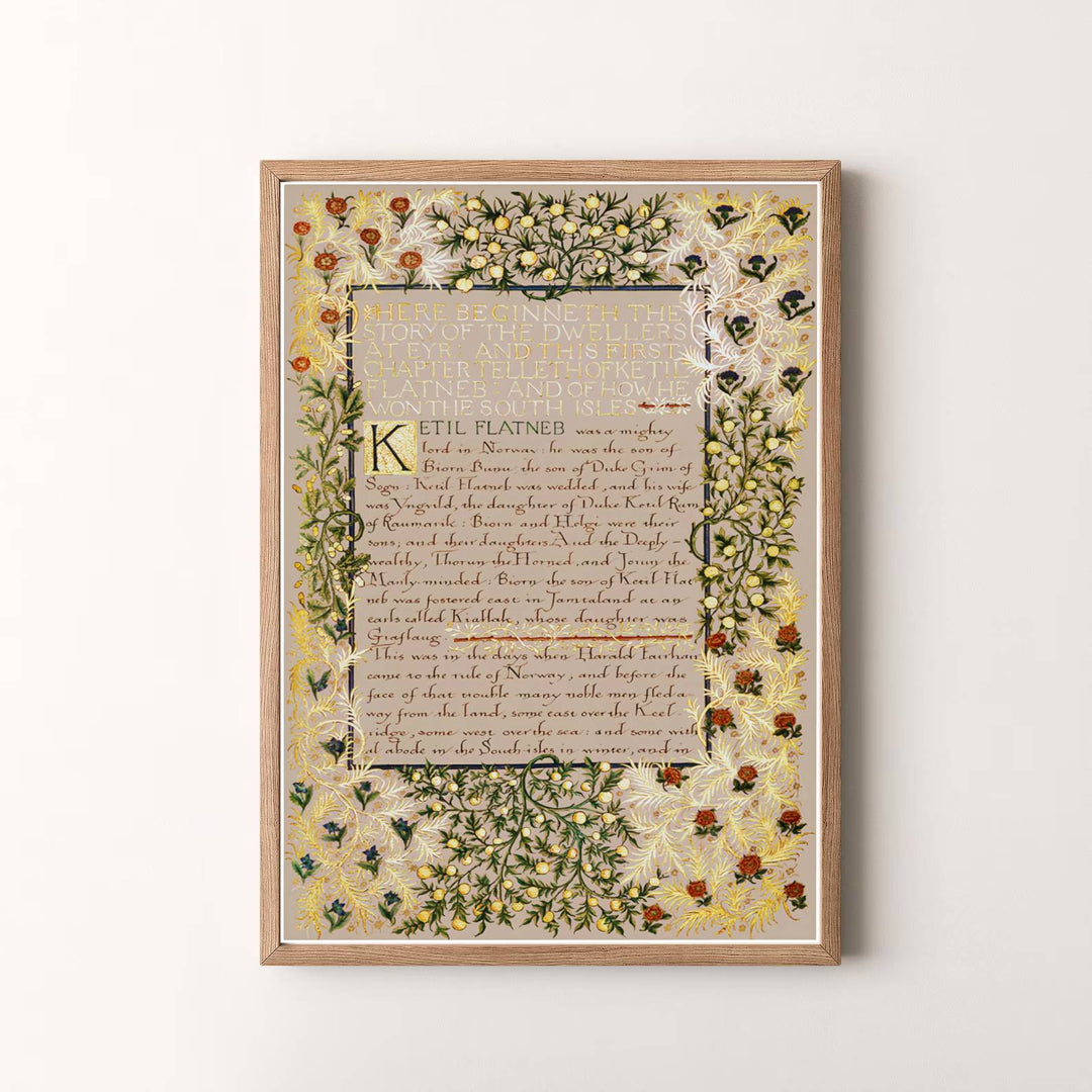 Museum quality visual print of William Morris Dwellers at Eyr displaying historical handwritten script and gold illuminated leaf motifs, ideal for traditional home collections and art displays.