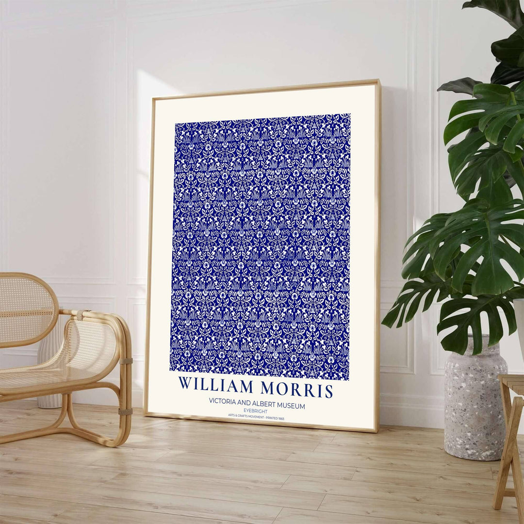 Detailed artwork print rendition of the iconic William Morris Eyebright poster, highlighting high contrast navy, cobalt blue, and crisp white tones ideal for coastal living room focal points.