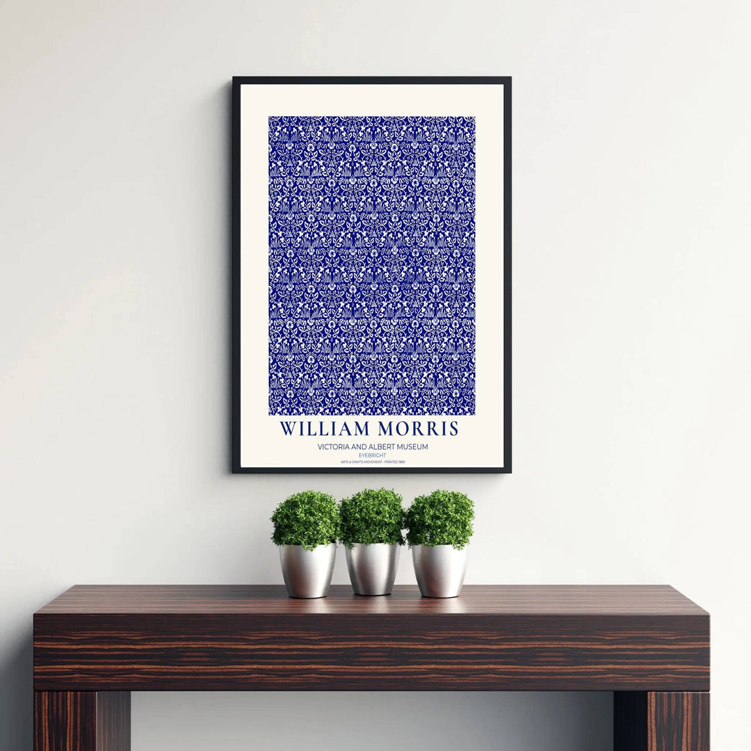 Classic William Morris Eyebright blue and white print, adding a charming vintage flair and rich botanical detail to warm living room arrangements, entryways, and traditional interior spaces.