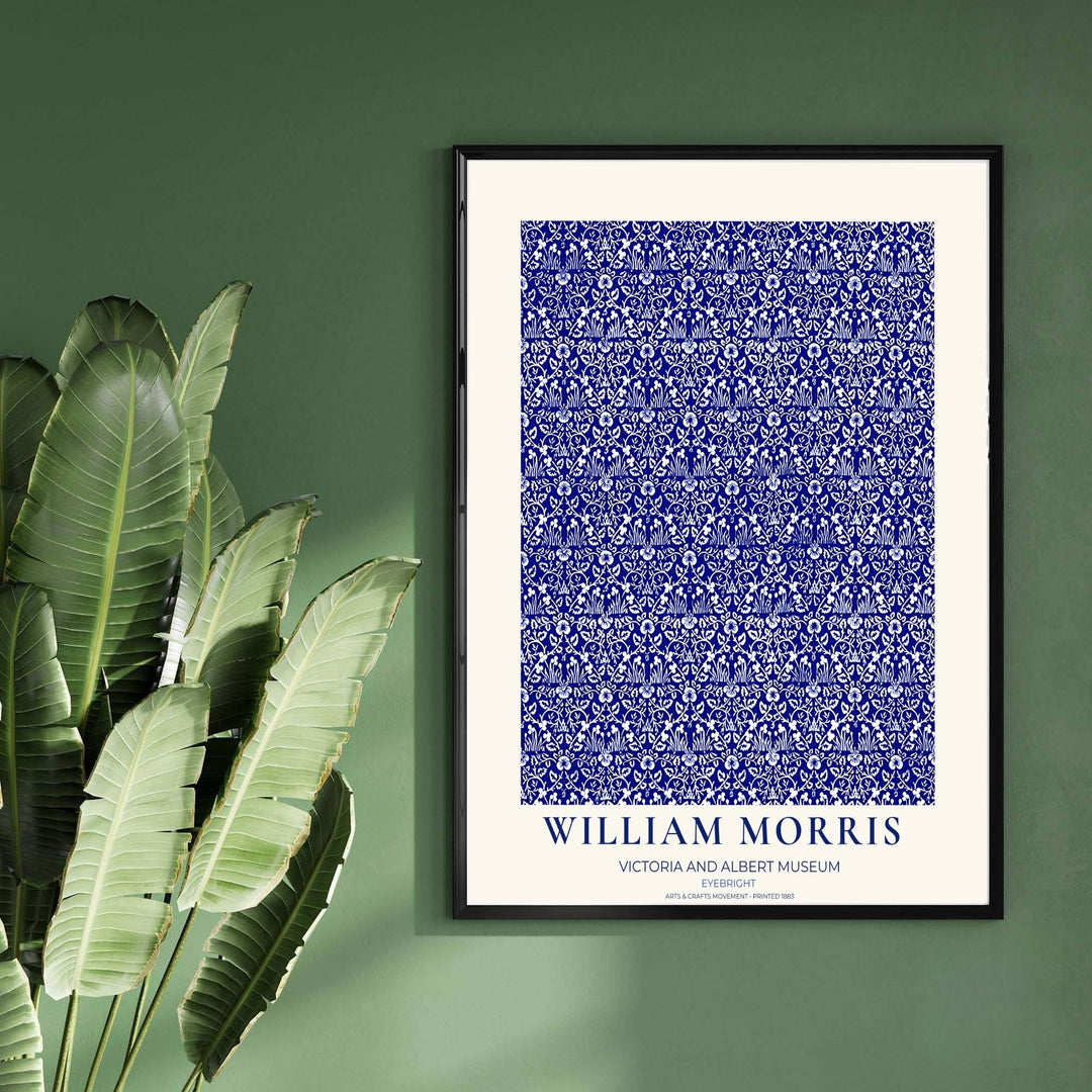 Detailed botanical artwork print displaying the famed Eyebright pattern by William Morris, expertly rendered to highlight historic textile elements and artistic craftsmanship for stylish home decor.