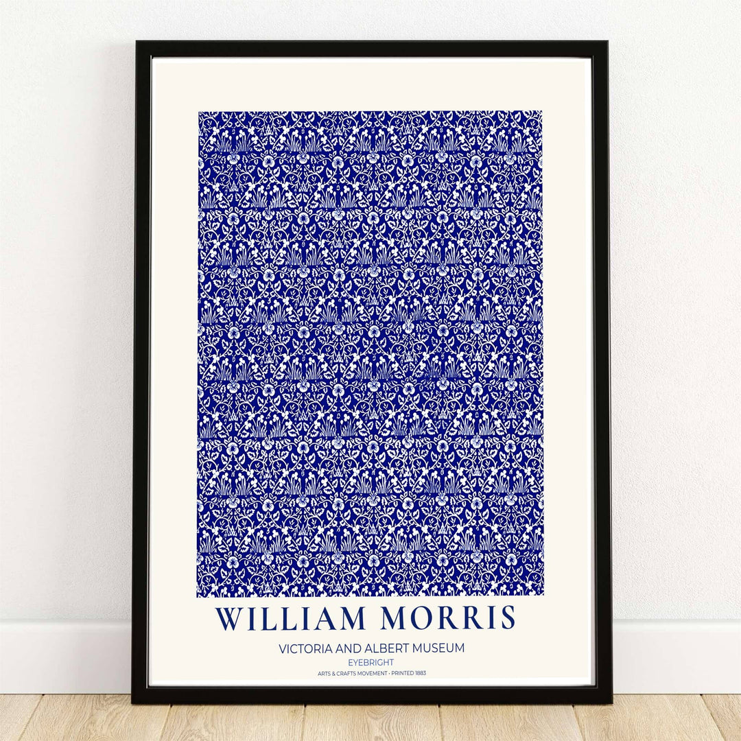 High quality William Morris Eyebright blue white print displaying fine white eyebright blossoms and cobalt blue lattice perfect for crisp living room wall decor.