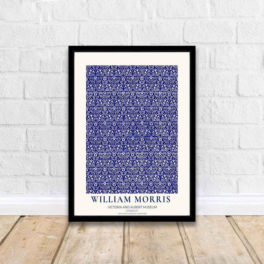 Sophisticated William Morris Eyebright floral poster print, designed to coordinate with coastal home accents, blue tones, and high contrast botanical wall art gallery layout compositions.