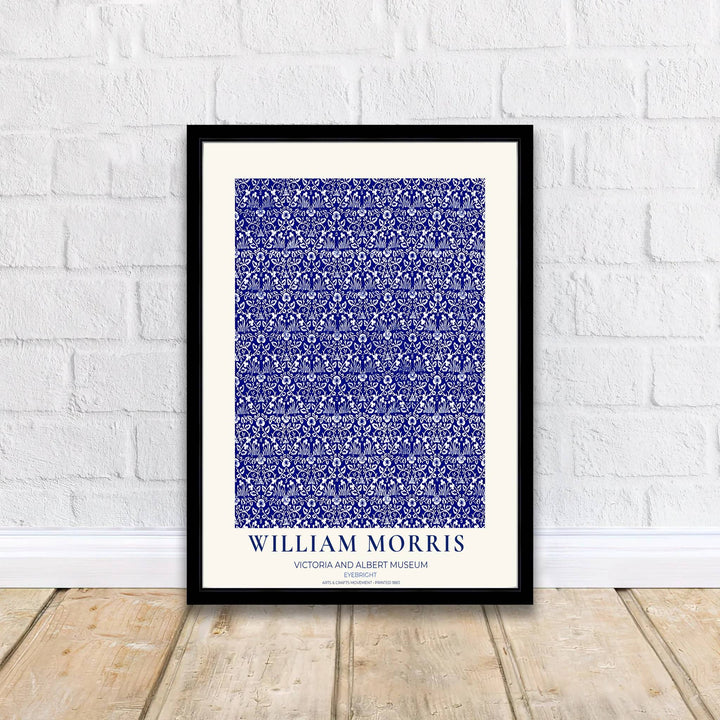 Sophisticated William Morris Eyebright floral poster print, designed to coordinate with coastal home accents, blue tones, and high contrast botanical wall art gallery layout compositions.