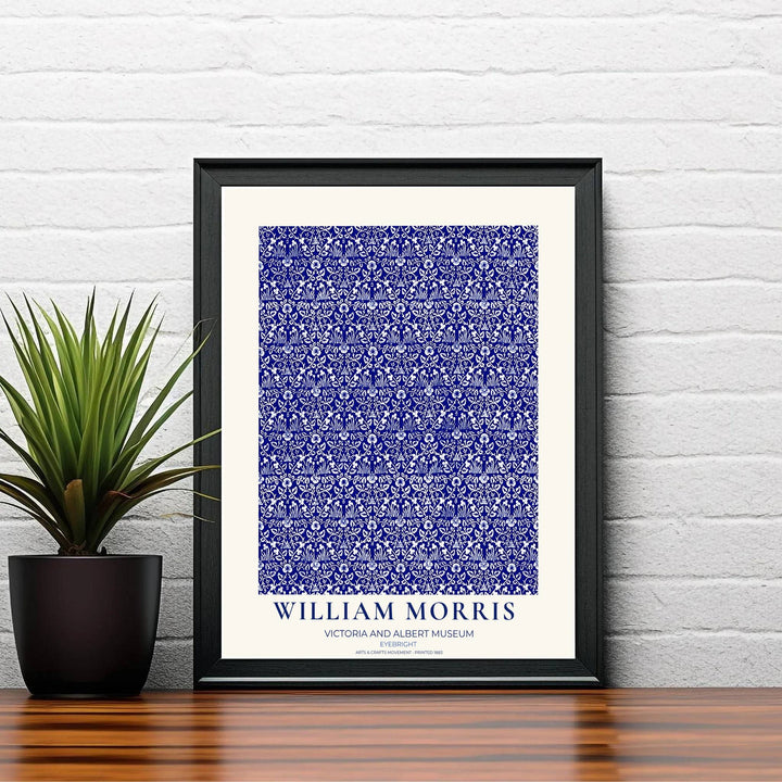 Historic artwork print of William Morris Eyebright, capturing stylized eyebright flowers, fine leaf outlines, and cobalt backgrounds suited for dining room, hallway, and bedroom wall spaces.