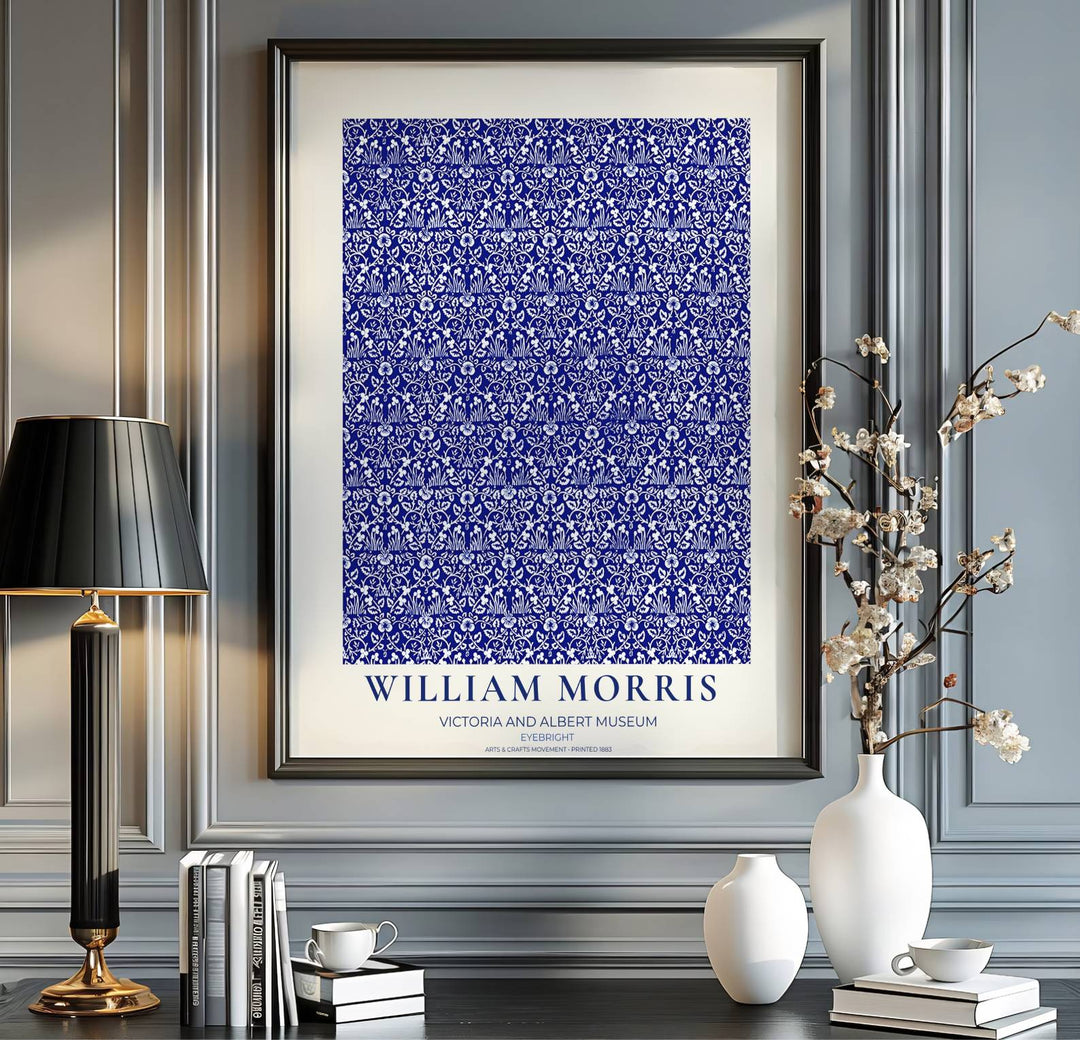 Vintage floral artwork print of William Morris Eyebright, providing a crisp, sophisticated touch to classic European, Victorian, and coastal home interior themes with organic pattern graphics.
