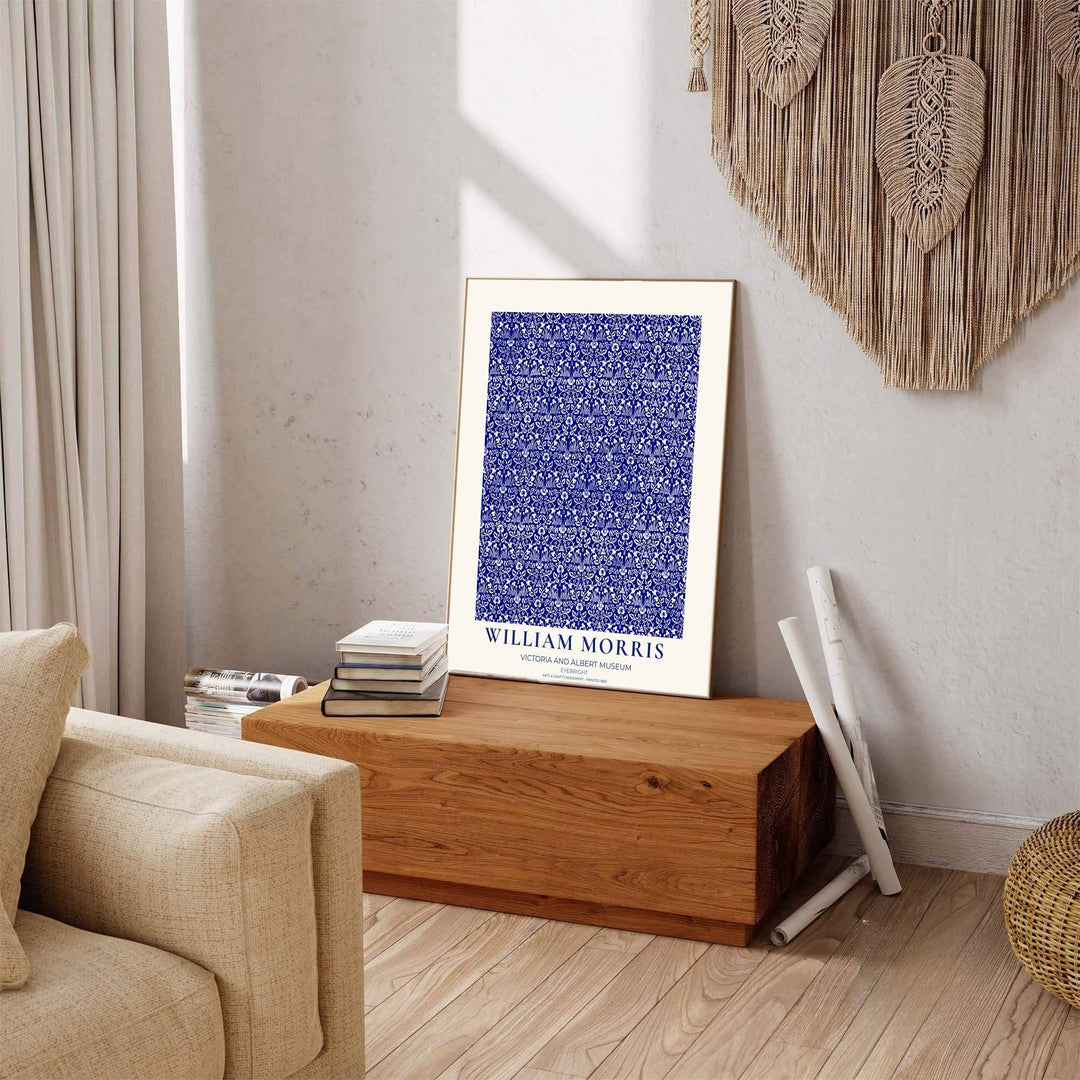 Timeless William Morris Eyebright botanical art print, combining fluid vintage movement with historic exhibition typography elements to suit versatile living room and dining room interior decorating themes.