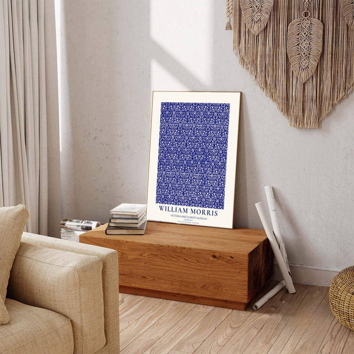 Timeless William Morris Eyebright botanical art print, combining fluid vintage movement with historic exhibition typography elements to suit versatile living room and dining room interior decorating themes.