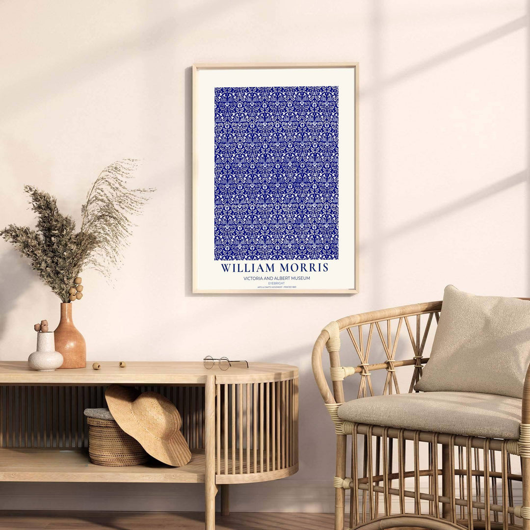 Detailed botanical illustration print displaying the swirling foliage lattice and blooming white eyebright heads of William Morris, perfect for striking wall arrangements and modern gallery collections.