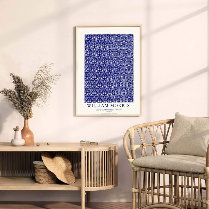 Detailed botanical illustration print displaying the swirling foliage lattice and blooming white eyebright heads of William Morris, perfect for striking wall arrangements and modern gallery collections.