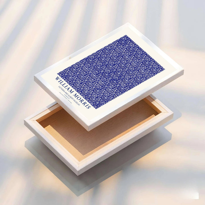 High definition graphic print of the renowned Eyebright design by William Morris, showcasing lush foliage details and classic cobalt blue tones for lasting aesthetic appeal in residential spaces.