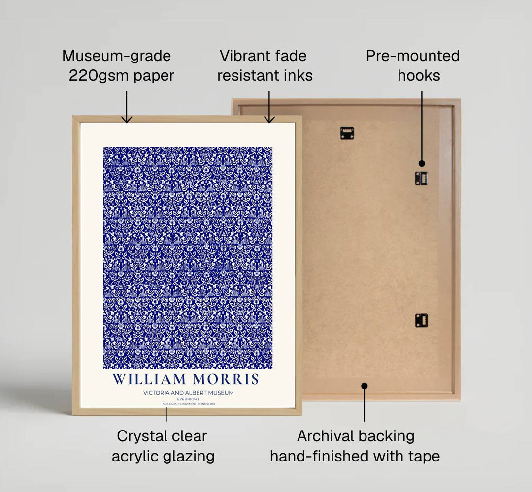 Fine art print showcasing the delicate floral mesh and line detailing of William Morris Eyebright, offering a crisp porcelain-like aesthetic for living room decor.