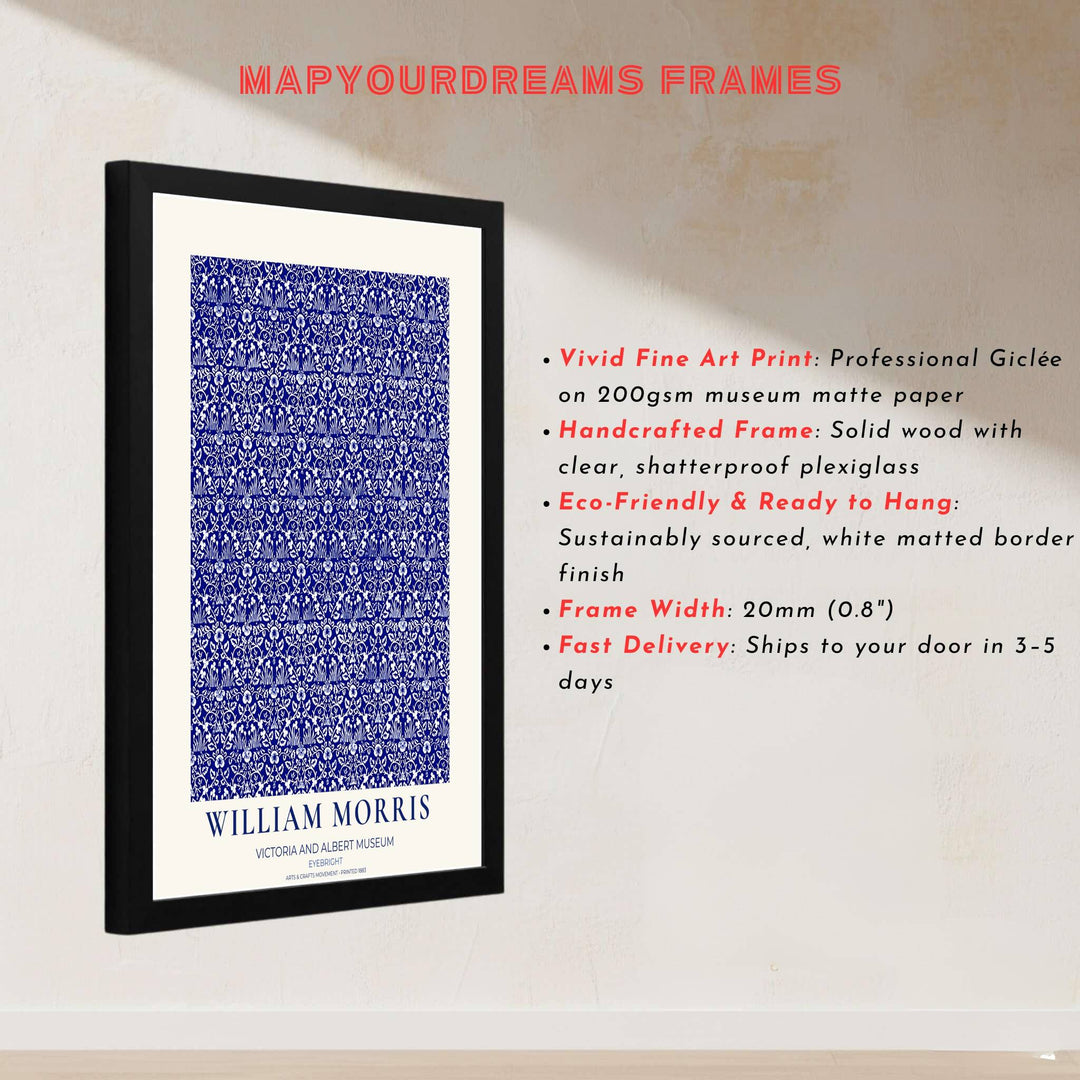 Historic poster print of the famous William Morris Eyebright design, showing fine museum exhibition text at the base and full botanical artistry across the main sheet for decorative wall display.