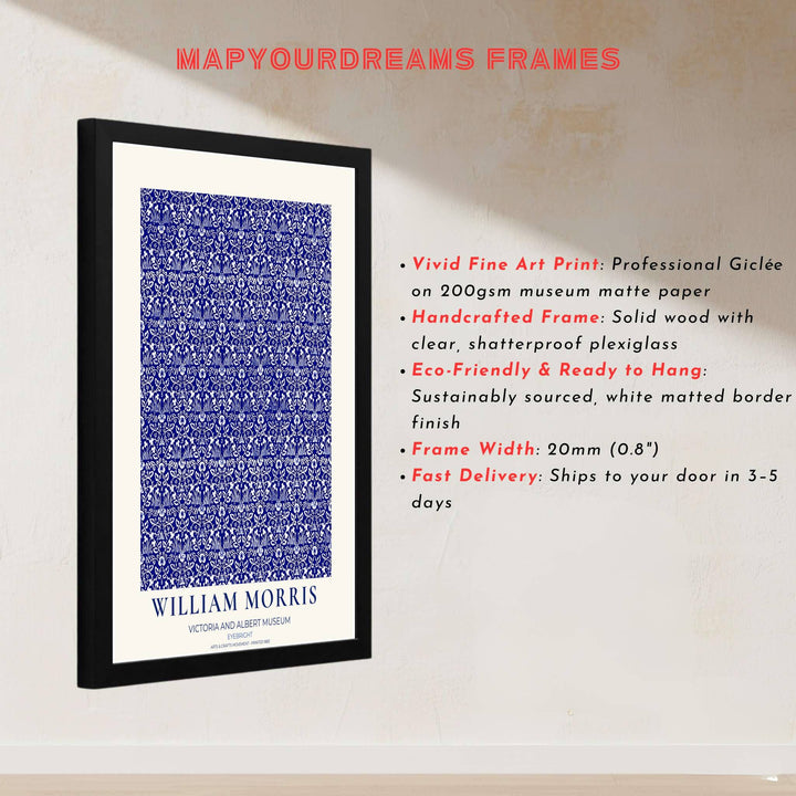 Historic poster print of the famous William Morris Eyebright design, showing fine museum exhibition text at the base and full botanical artistry across the main sheet for decorative wall display.