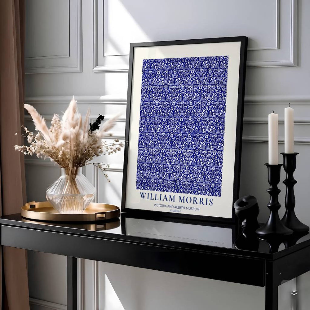 Elegant William Morris floral print capturing an 1883 vintage exhibition design with deep cobalt blue background and white floral motifs to enhance home interior design.