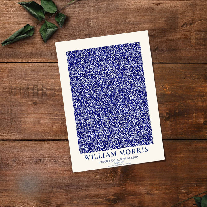 Decorative artwork print of William Morris Eyebright featuring sweeping floral mesh, cobalt blue highlights, and a clean cream border suitable for luxury interior styling and wall displays.