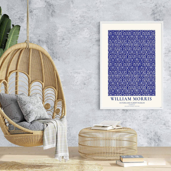 Modern decorative floral print of William Morris Eyebright featuring detailed flowering lattice and cobalt blue background patterns, ideal for contemporary wall decoration and light filled living areas.