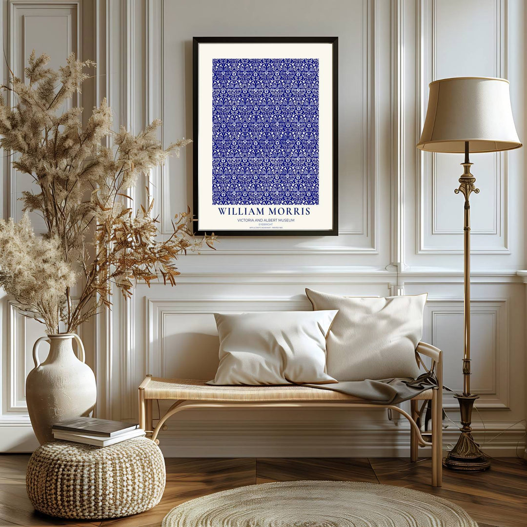 Authentic Arts and Crafts Eyebright design print by William Morris, bringing organic energy, refined English heritage art, and crisp blue and white contrast into cozy home living spaces.