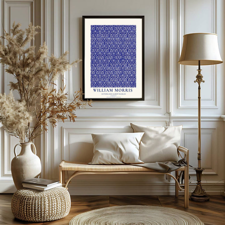 Authentic Arts and Crafts Eyebright design print by William Morris, bringing organic energy, refined English heritage art, and crisp blue and white contrast into cozy home living spaces.