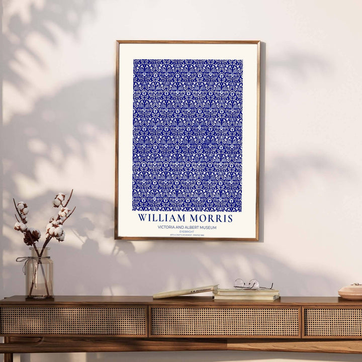 Archival visual print featuring William Morris Eyebright foliage patterns, offering clean museum text borders and delicate flower mesh suitable for home library, hallway, or study accent walls.