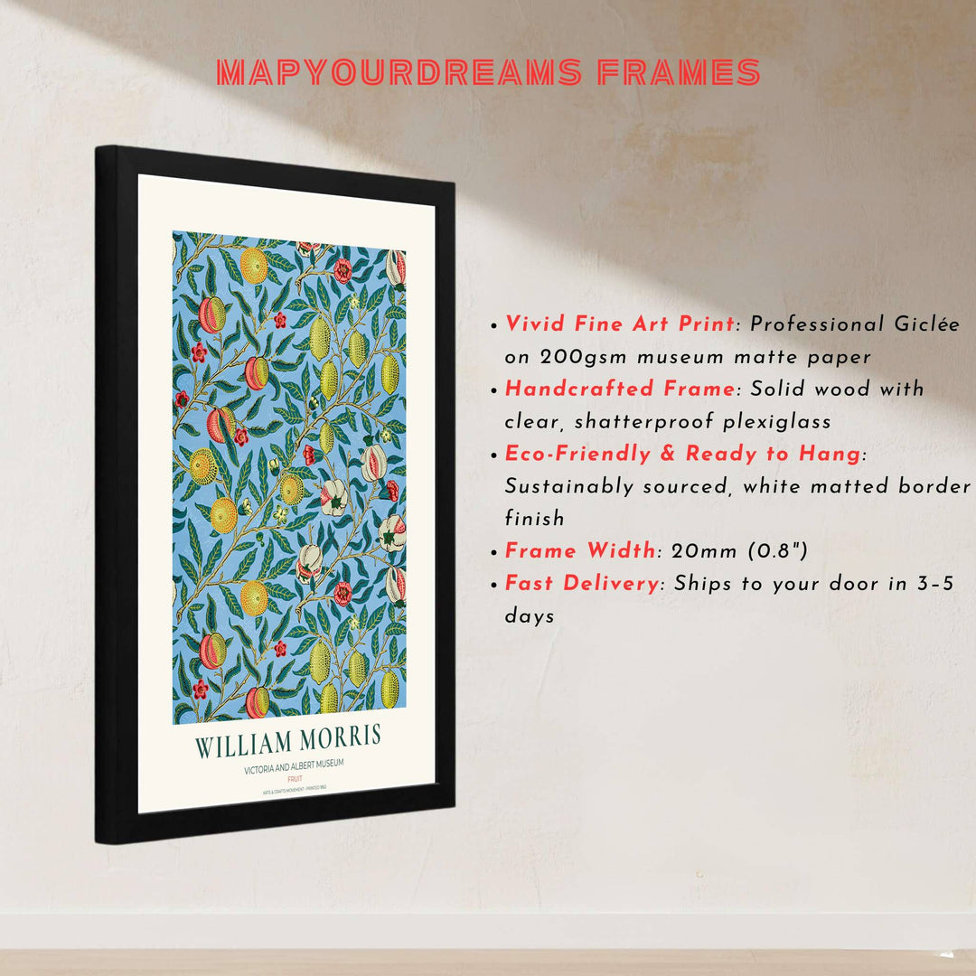 Restored 1862 William Morris exhibition poster combining Mediterranean fruit motifs with historic British Arts and Crafts Movement aesthetics.