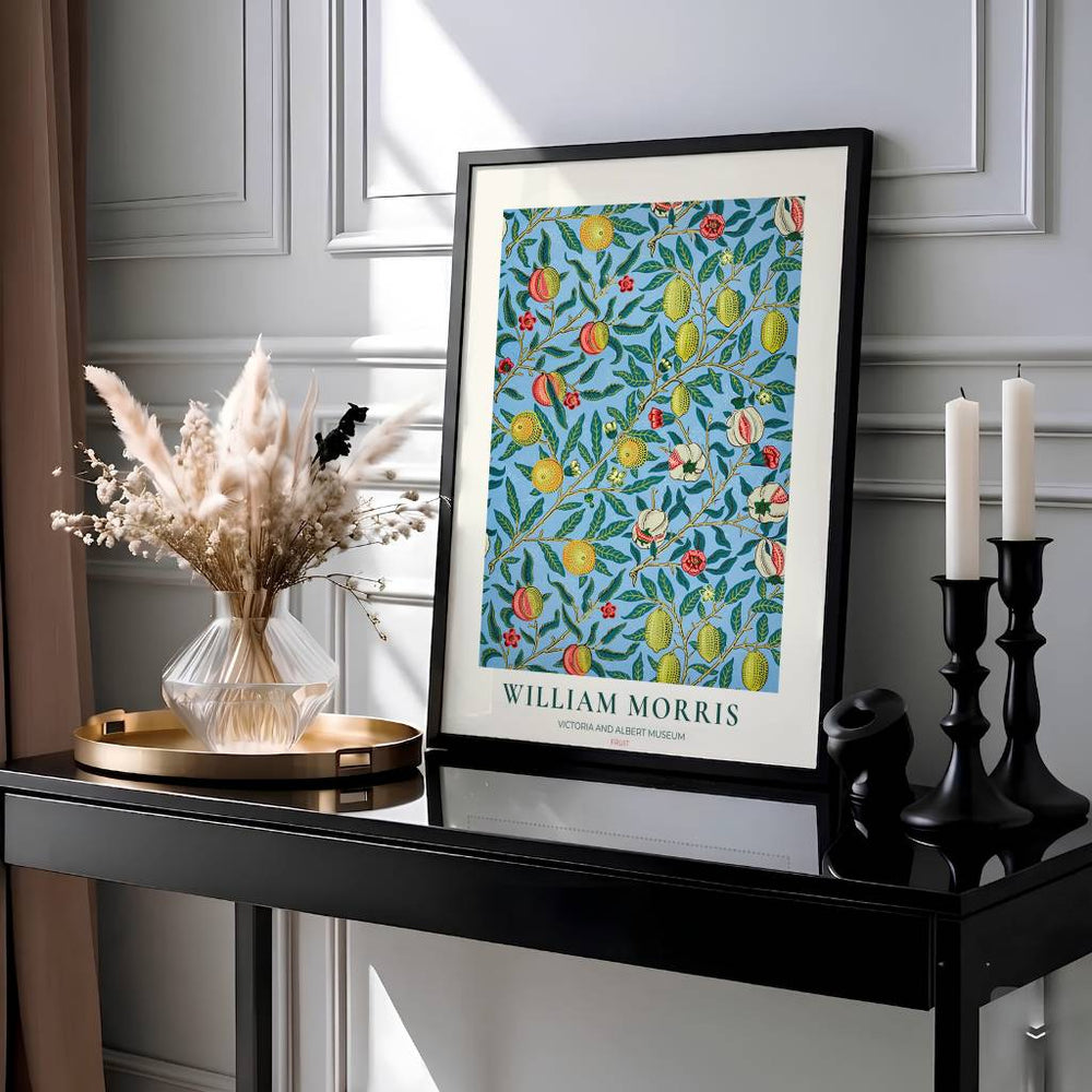 Intricate foliage and fruit pattern art print by William Morris, ideal for creating a sunlit, nature-inspired focal point in modern kitchen interiors.