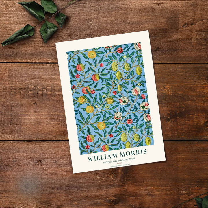 Beautiful William Morris Fruit artwork showcasing 19th-century textile graphics and organic branch symmetry for eclectic living room displays.