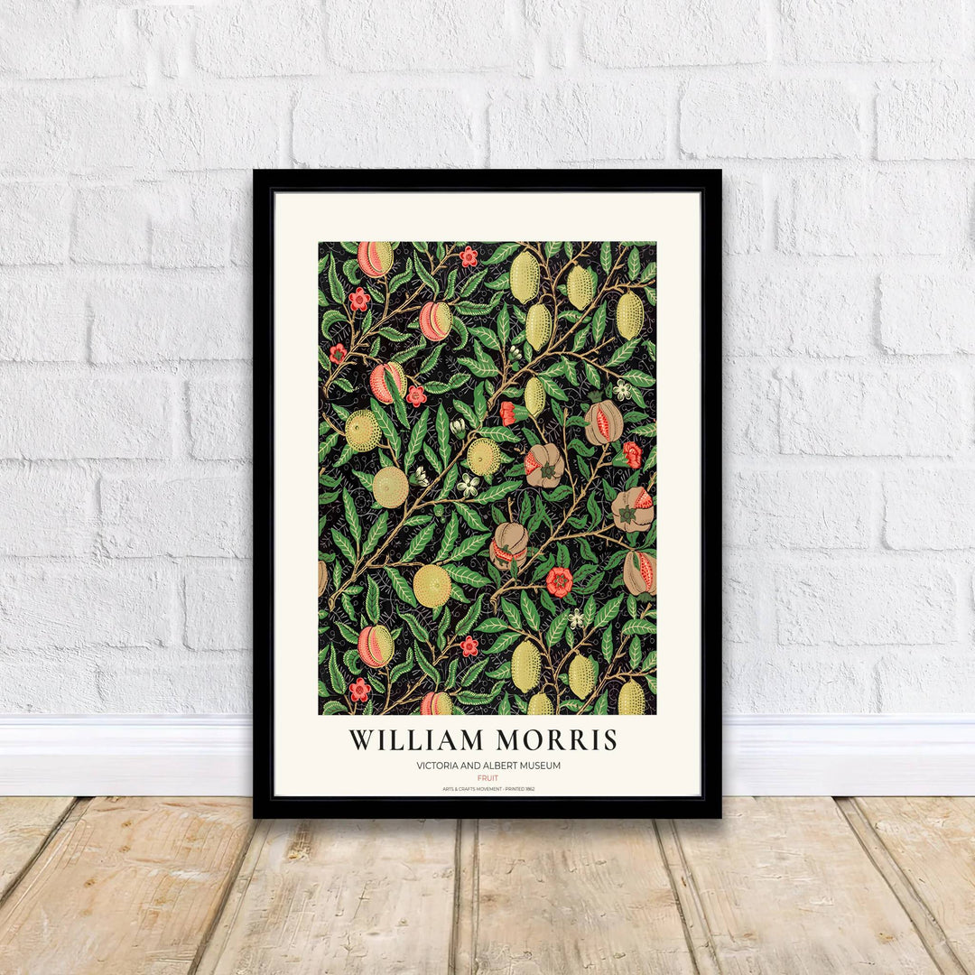 Classic English decorative poster showcasing the 1862 William Morris Fruit design, ideal for framing in dining nooks, libraries, and kitchens.