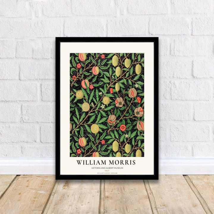 Classic English decorative poster showcasing the 1862 William Morris Fruit design, ideal for framing in dining nooks, libraries, and kitchens.