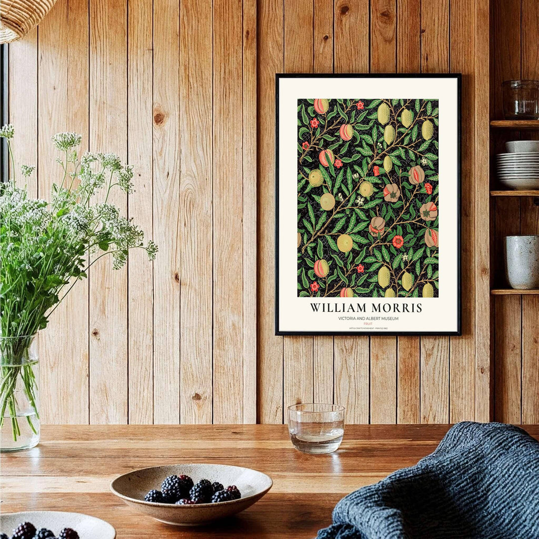 Museum-quality reproduction of the dark black William Morris Pomegranate wallpaper layout, printed on archival matte paper for long-lasting color depth.