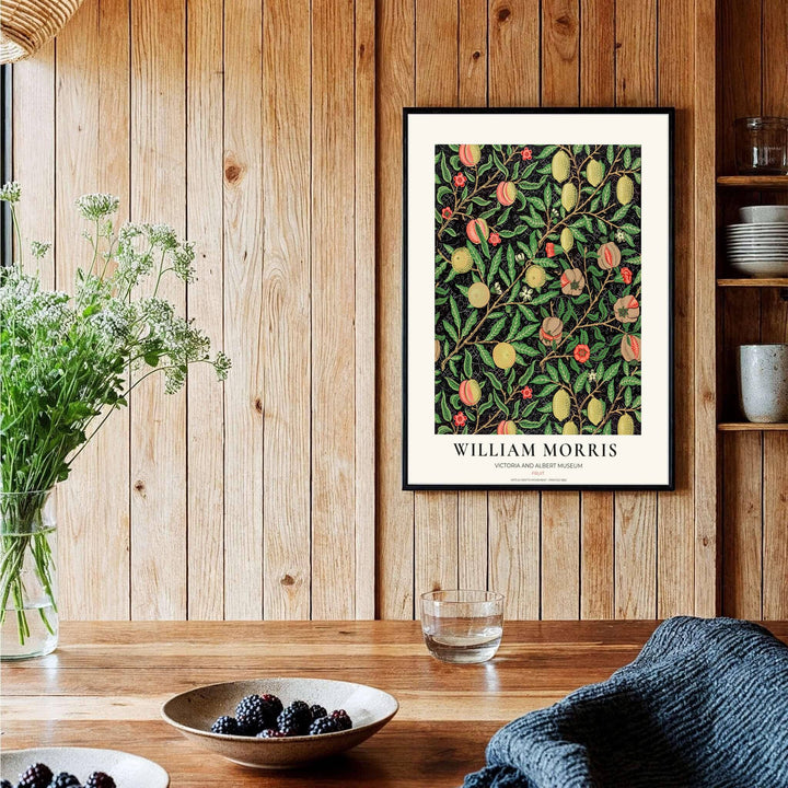Museum-quality reproduction of the dark black William Morris Pomegranate wallpaper layout, printed on archival matte paper for long-lasting color depth.