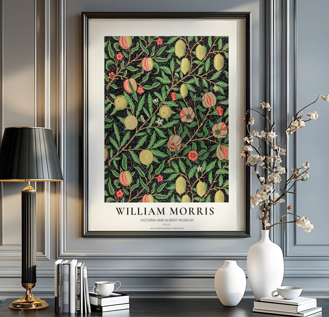 Charming dark academia botanical poster illustrating 19th-century William Morris fruit patterns with exhibition lettering at the base.
