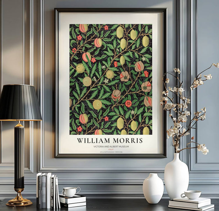 Charming dark academia botanical poster illustrating 19th-century William Morris fruit patterns with exhibition lettering at the base.