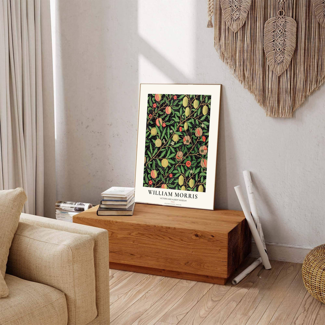 Striking citrus-themed wall hanging featuring bright yellow William Morris lemons, green leaves, and red flowers from the Victoria and Albert Museum collection.